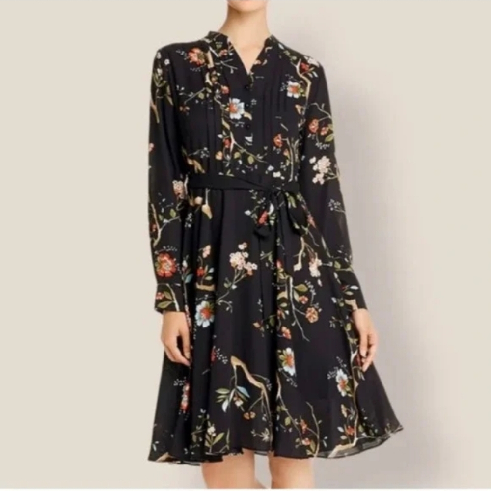Nanette Lepore Women's Black Floral Pleated Front Fit and Flare Dress. 4